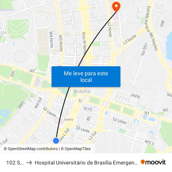 102 Sul to Hospital Universitário de Brasília Emergencia map