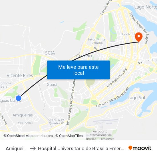 Arniqueiras to Hospital Universitário de Brasília Emergencia map