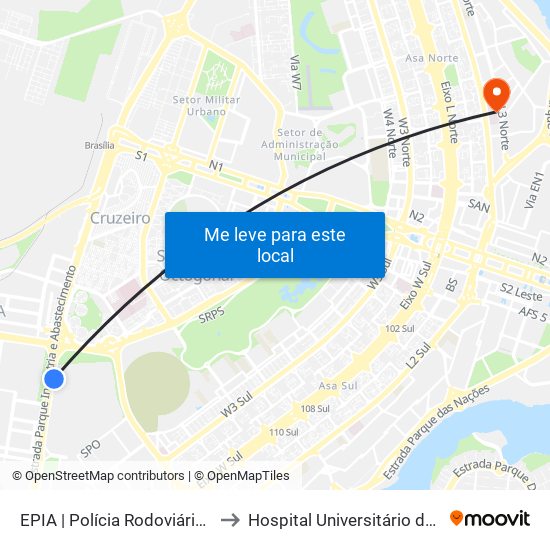 Epia Sul | Sede Prf / Novacap to Hospital Universitário de Brasília Emergencia map