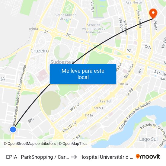 Epia Sul | Parkshopping / Carrefour / Rod. Interestadual / Assaí to Hospital Universitário de Brasília Emergencia map