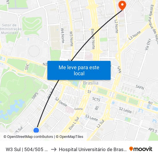 W3 Sul | 504/505 Sul (Sesc) to Hospital Universitário de Brasília Emergencia map