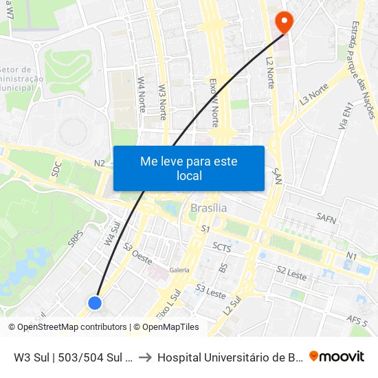 W3 Sul | 503/504 Sul (Udf / Big Box) to Hospital Universitário de Brasília Emergencia map