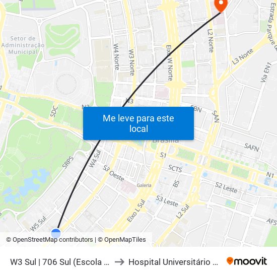 W3 Sul | 706 Sul (Escola Pública do DETRAN-DF) to Hospital Universitário de Brasília Emergencia map