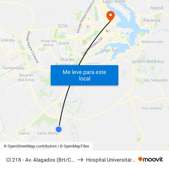 Cl 218 - Av. Alagados (Brt/Colégio Santa Maria/N.S.Aparecida) to Hospital Universitário de Brasília Emergencia map
