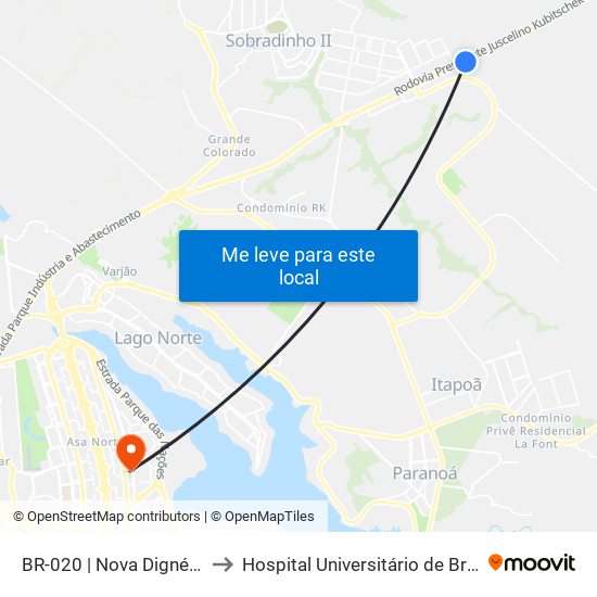 Br-020 | Nova Dignéia / Quadra 18 to Hospital Universitário de Brasília Emergencia map
