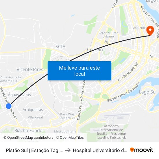 Pistão Sul | Estação Tag. Sul / Hosp. Anna Nery to Hospital Universitário de Brasília Emergencia map