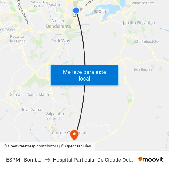 ESPM | Bombeiros to Hospital Particular De Cidade Ocidental Go map