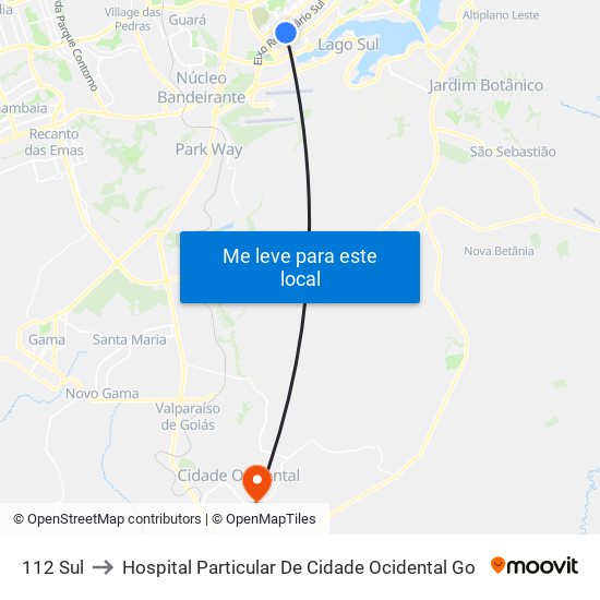 112 Sul to Hospital Particular De Cidade Ocidental Go map