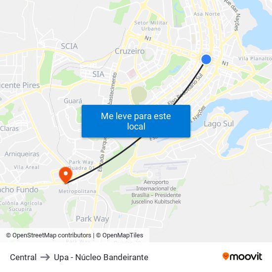 Central to Upa - Núcleo Bandeirante map