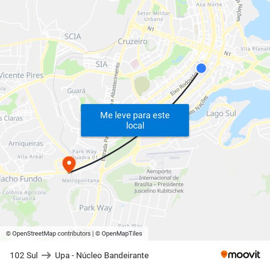 102 Sul to Upa - Núcleo Bandeirante map