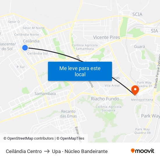 Ceilândia Centro to Upa - Núcleo Bandeirante map