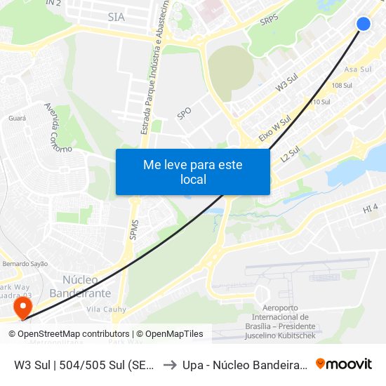 W3 Sul | 504/505 Sul (Sesc) to Upa - Núcleo Bandeirante map