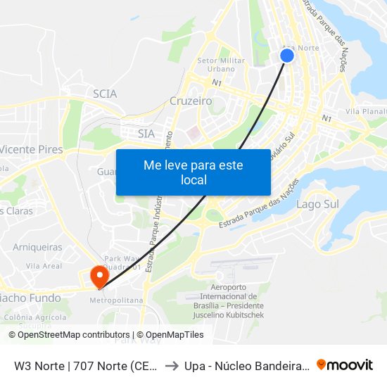 W3 Norte | 707 Norte (Ceub) to Upa - Núcleo Bandeirante map