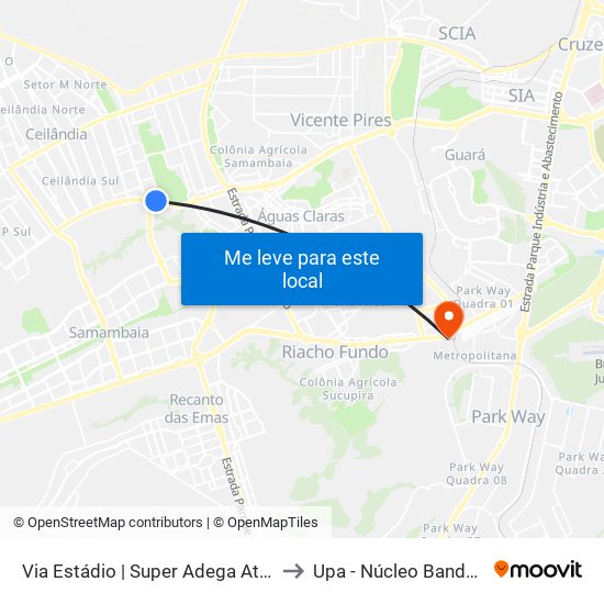 Via Estádio | Qnl 2 (Super Adega) to Upa - Núcleo Bandeirante map