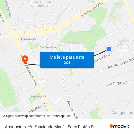 Arniqueiras to Faculdade Mauá - Sede Pistão Sul map