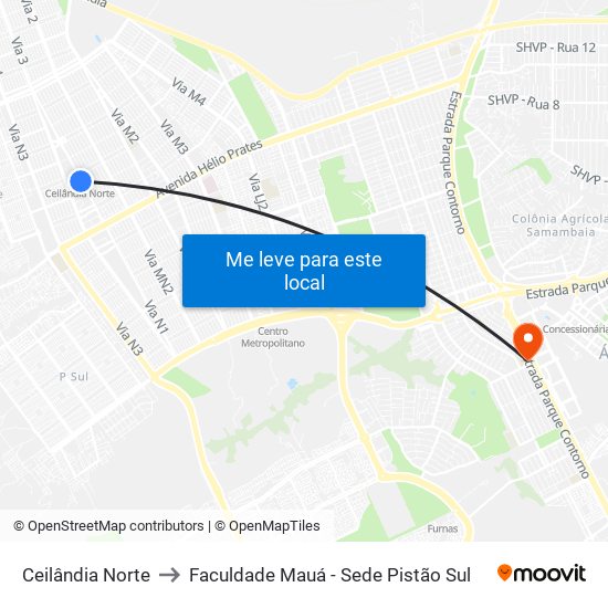 Ceilândia Norte to Faculdade Mauá - Sede Pistão Sul map