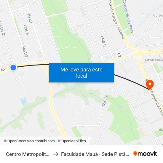 Centro Metropolitano to Faculdade Mauá - Sede Pistão Sul map