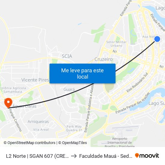 L2 Norte | Sgan 607 (Brasília Medical Center / Cean) to Faculdade Mauá - Sede Pistão Sul map