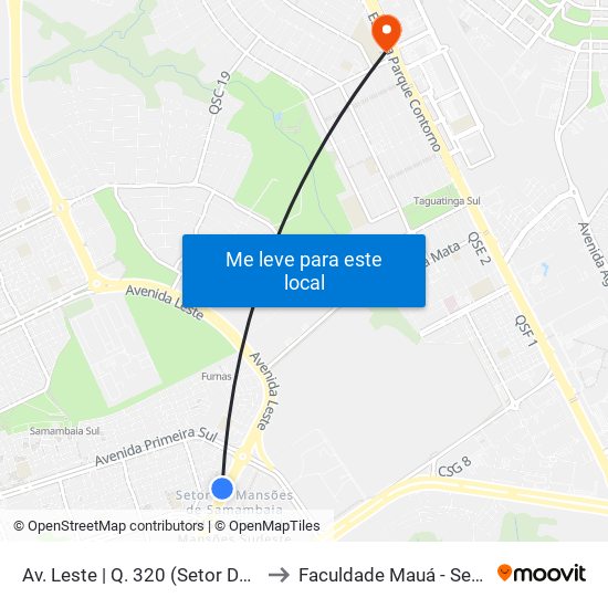 Av. Leste | Q. 320 (Setor De Mansões Q. 3) to Faculdade Mauá - Sede Pistão Sul map