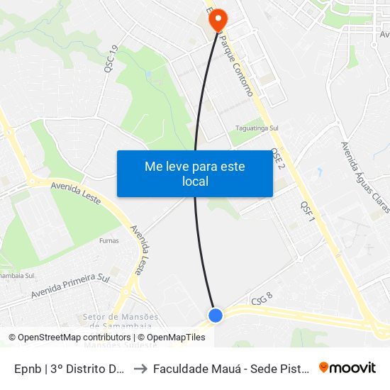 Epnb | 3º Distrito Der-Df to Faculdade Mauá - Sede Pistão Sul map