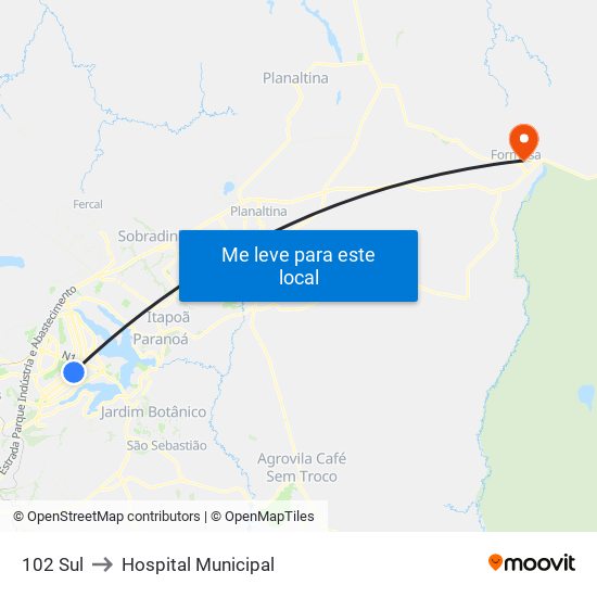 102 Sul to Hospital Municipal map