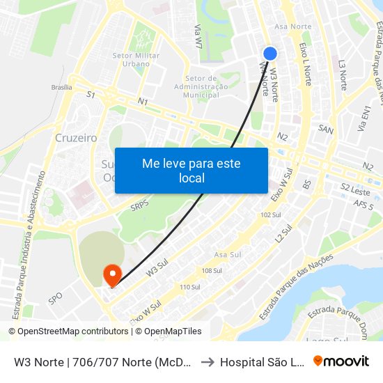 W3 Norte | 706/707 Norte (McDonald's) to Hospital São Lucas map