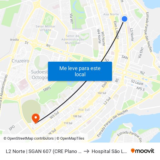 L2 Norte | SGAN 607 (CRE Plano Piloto) to Hospital São Lucas map