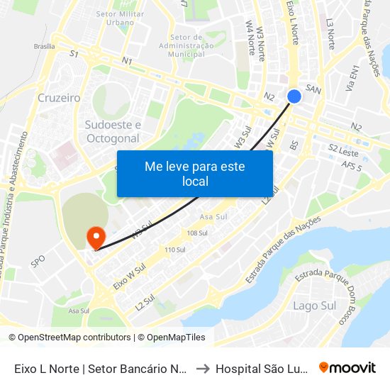 Eixo L Norte | Setor Bancário Norte to Hospital São Lucas map