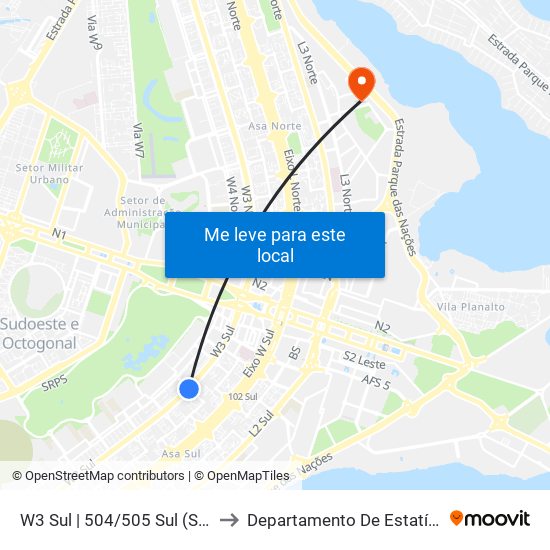 W3 Sul | 504/505 Sul (SESC) to Departamento De Estatística map