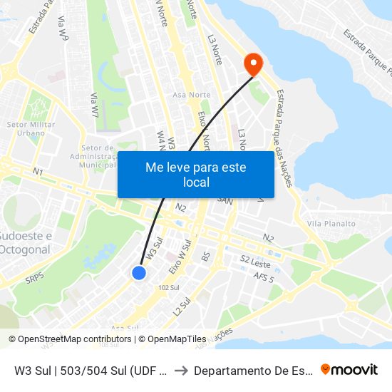 W3 Sul | 503/504 Sul (Udf / Big Box) to Departamento De Estatística map