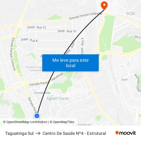 Taguatinga Sul to Centro De Saúde Nº4 - Estrutural map