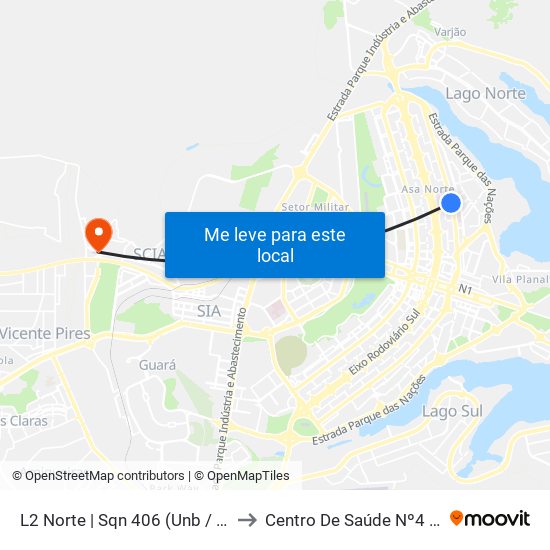 L2 Norte | Sqn 406 (Unb / Odonto Hub) to Centro De Saúde Nº4 - Estrutural map