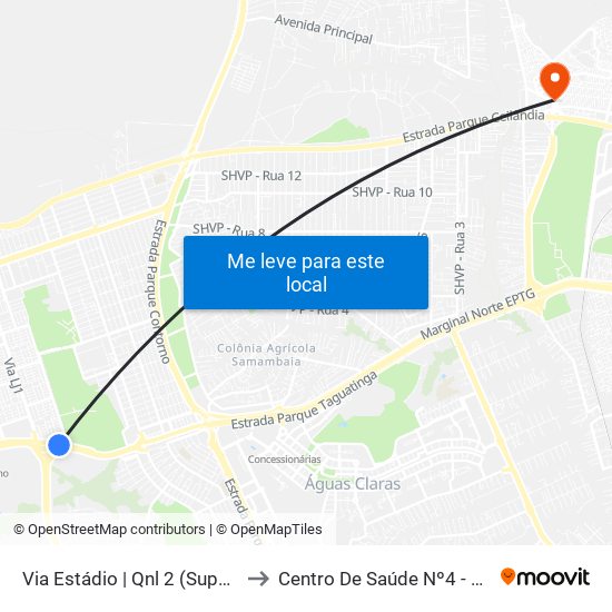 Via Estádio | Qnl 2 (Super Adega) to Centro De Saúde Nº4 - Estrutural map