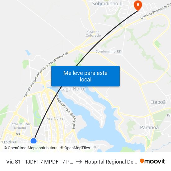 Via S1 | TJDFT / MPDFT / Palácio do Buriti to Hospital Regional De Sobradinho map
