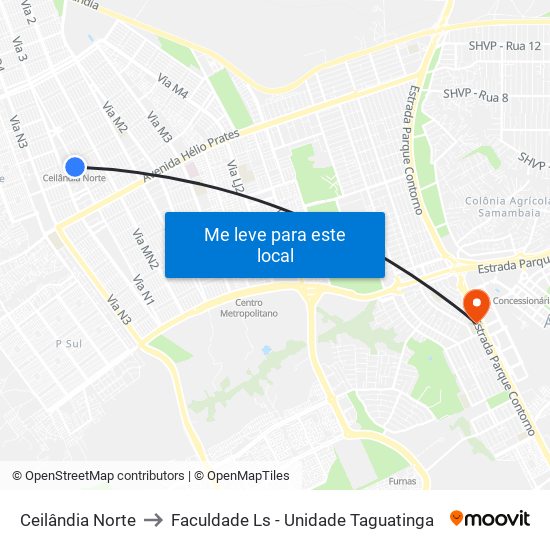 Ceilândia Norte to Faculdade Ls - Unidade Taguatinga map