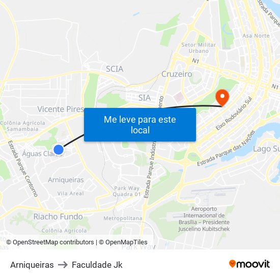 Arniqueiras to Faculdade Jk map
