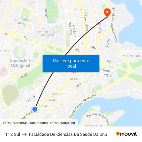 112 Sul to Faculdade De Ciências Da Saúde Da UnB map