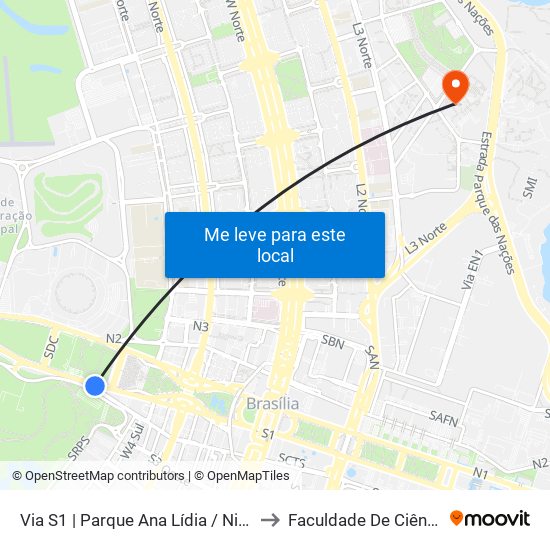 Via S1 | Parque Ana Lídia / Nicolandia / Eixo Ibero-Americano to Faculdade De Ciências Da Saúde Da UnB map