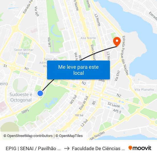 Epig | Senai / Pavilhão Parque Da Cidade to Faculdade De Ciências Da Saúde Da UnB map