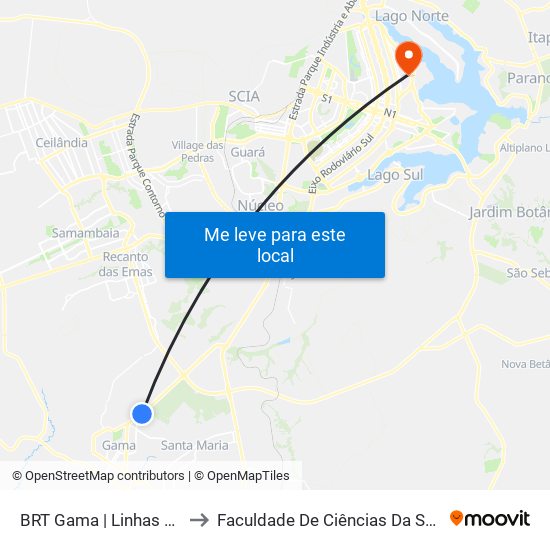 Terminal Brt Gama to Faculdade De Ciências Da Saúde Da UnB map