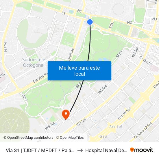 Via S1 | TJDFT / MPDFT / Palácio do Buriti to Hospital Naval De Brasília map