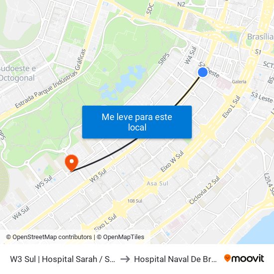 W3 Sul | Hospital Sarah / SRTVS to Hospital Naval De Brasília map