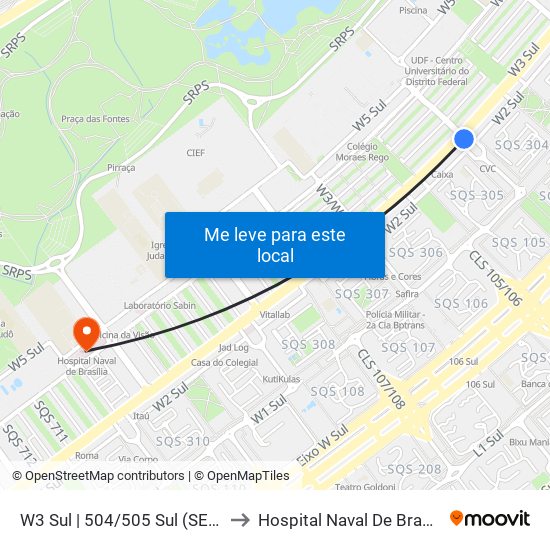 W3 Sul | 504/505 Sul (SESC) to Hospital Naval De Brasília map