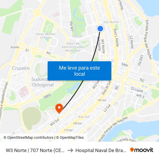 W3 Norte | 707 Norte (Ceub) to Hospital Naval De Brasília map