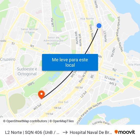 L2 Norte | Sqn 406 (Unb / Odonto Hub) to Hospital Naval De Brasília map
