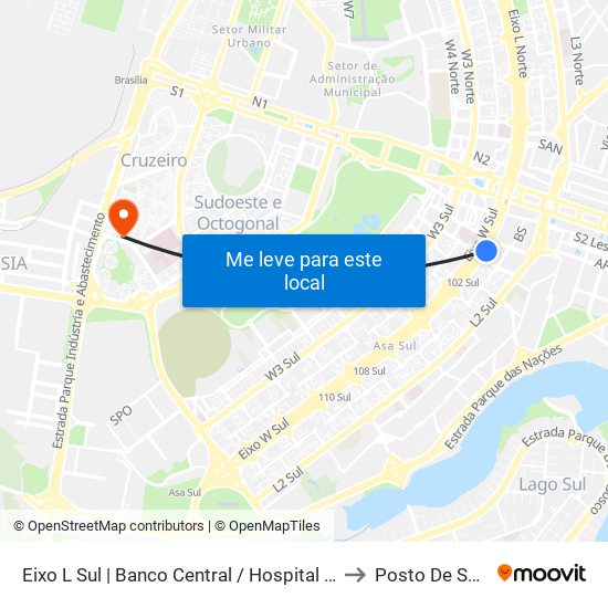 Eixo L Sul | Banco Central / Hospital de Base to Posto De Saude map