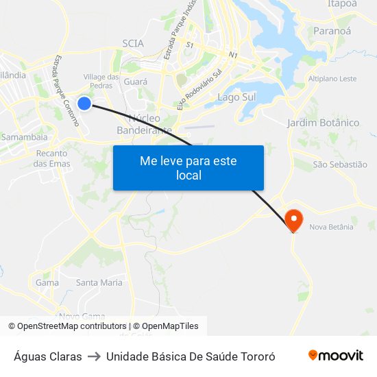 Águas Claras to Unidade Básica De Saúde Tororó map