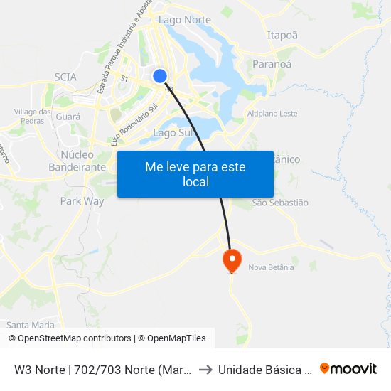 W3 Norte | 702/703 Norte (Marista / Paróquia N. Sra. Saúde) to Unidade Básica De Saúde Tororó map