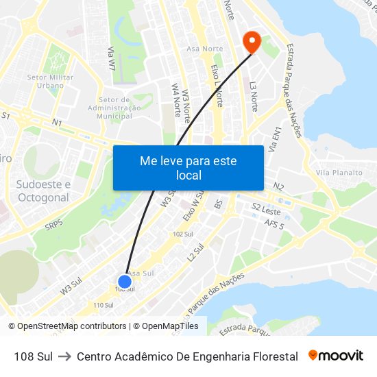 108 Sul to Centro Acadêmico De Engenharia Florestal map