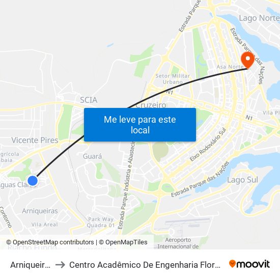 Arniqueiras to Centro Acadêmico De Engenharia Florestal map